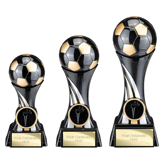 Three carbon black and fusion gold soccer trophies with engraving plaques.