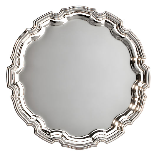 Round scalloped silver serving tray with decorative edges.