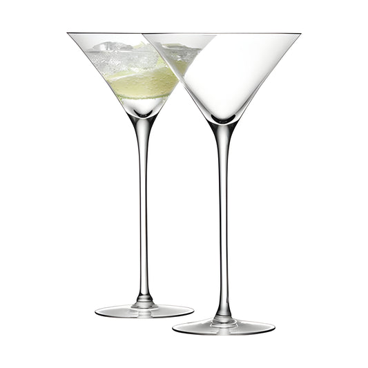 Two clear 275ml martini cocktail glasses filled with ice and a light green drink.