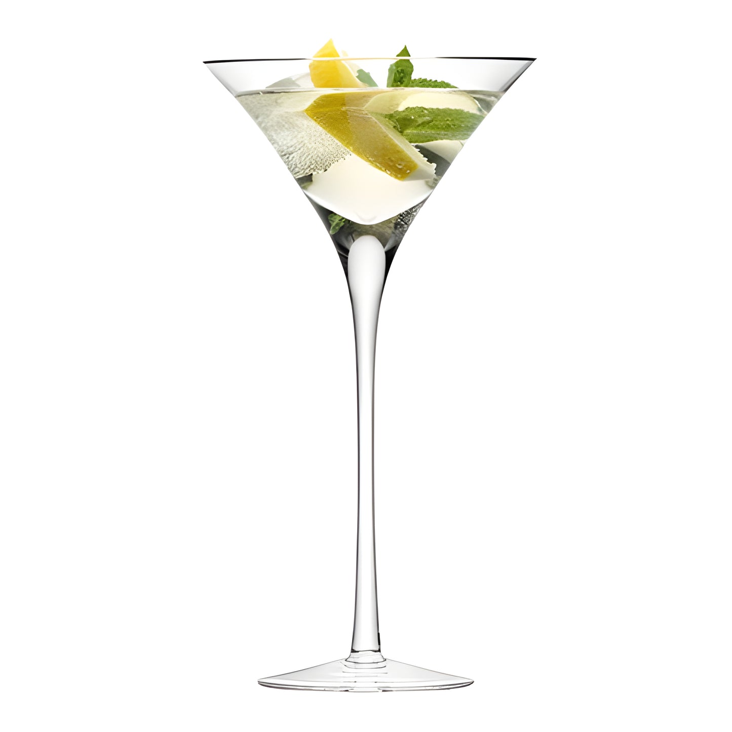 Clear cocktail glass with lemon, lime, and mint garnishes on white background.