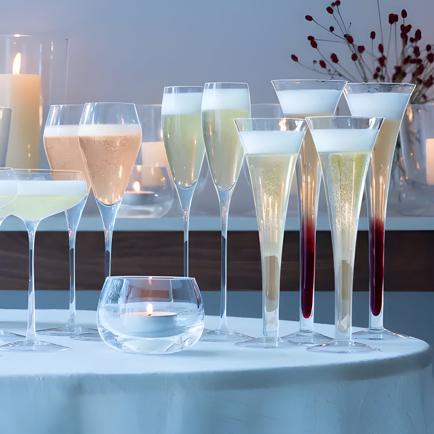 Elegant hollow stem champagne flutes with candles on a table setting.