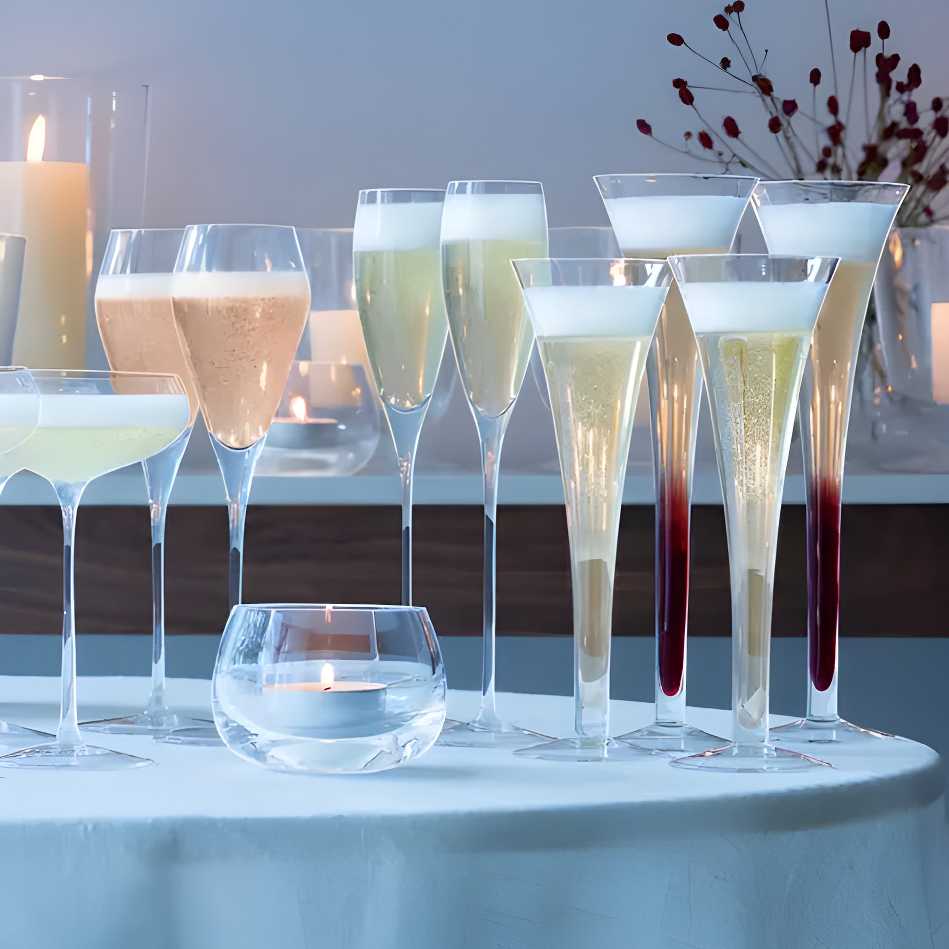 Elegant hollow stem champagne flutes with candles on a table setting.