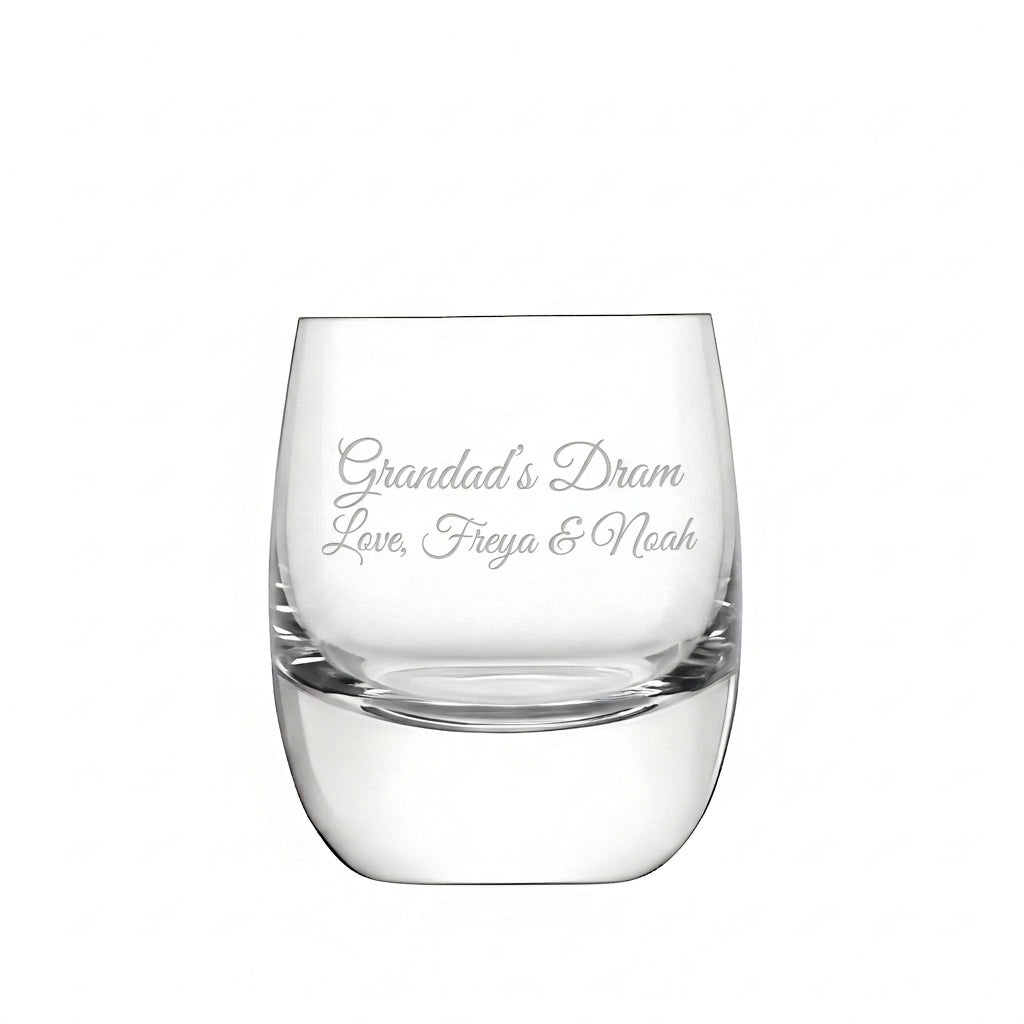Example engraving (gift for dad): "Grandad's Dram / Love, Freya & Noah" on the Bar Whisky Tumbler