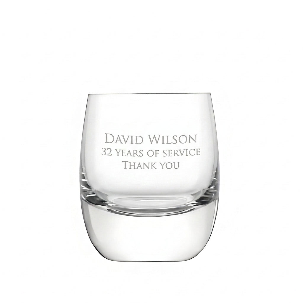 Example engraving (thank you): "David Wilson / 32 Years of Service / Thank You" on the Bar Whisky Tumbler