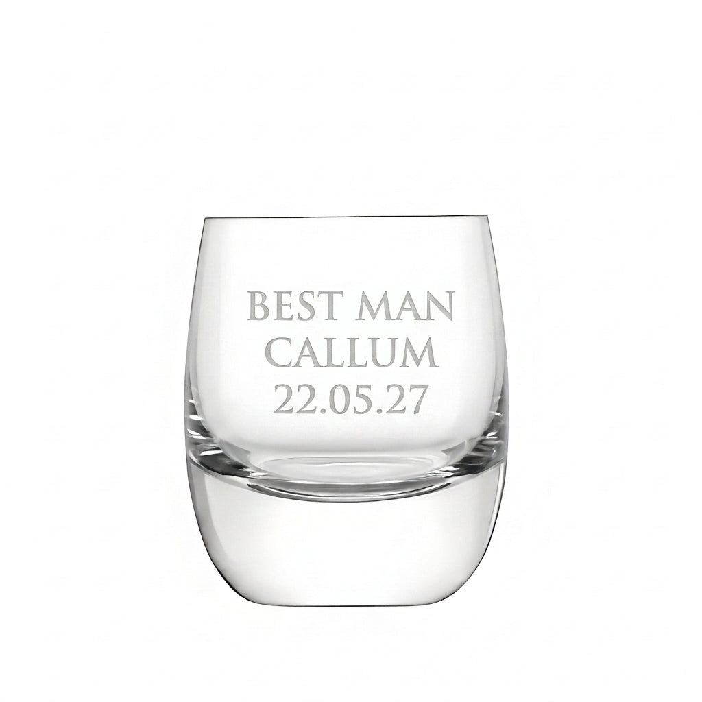 Example engraving (wedding party): "Best Man / Callum / 22.05.27" on the Bar Whisky Tumbler