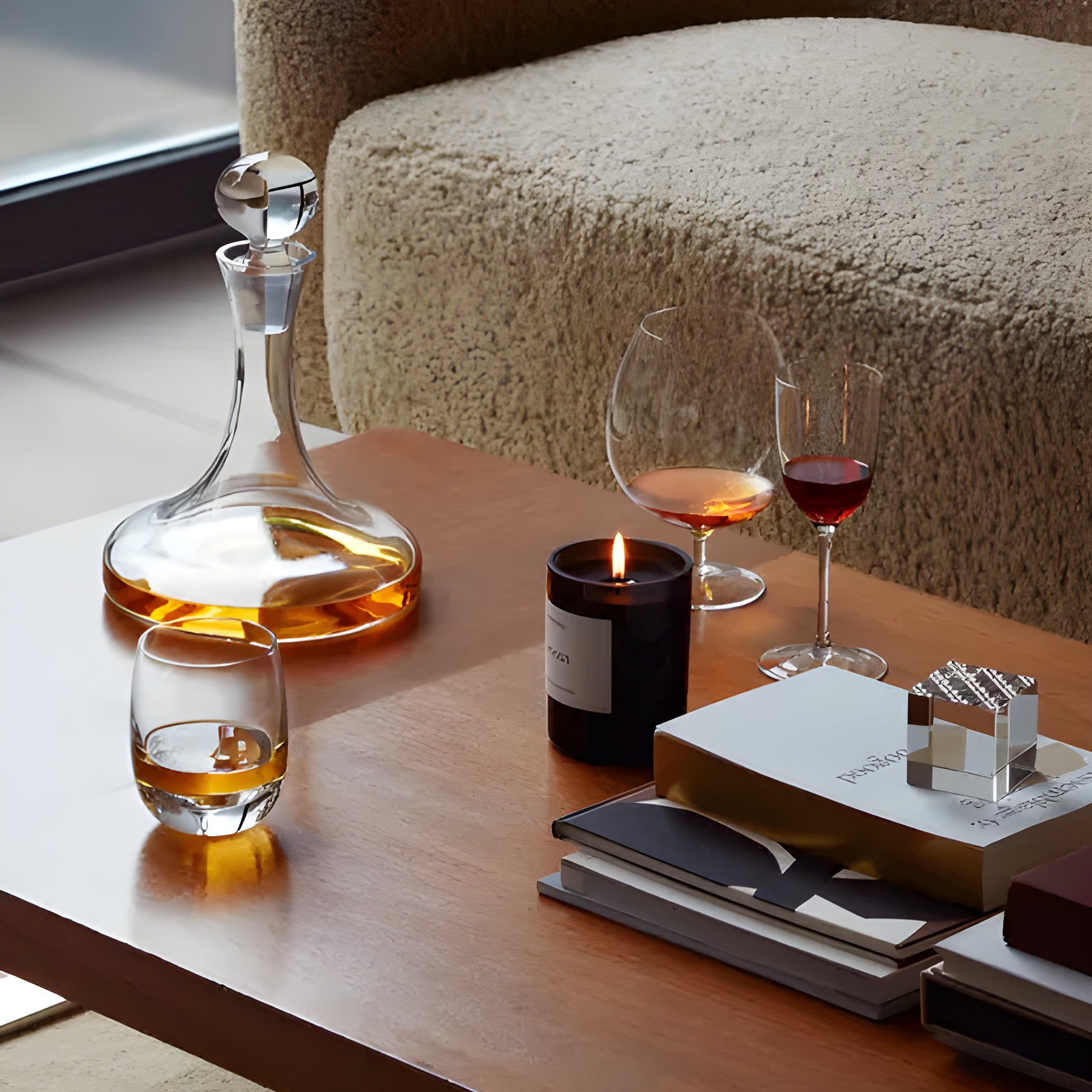 Whisky glass and carafe on coffee table with candle and books
