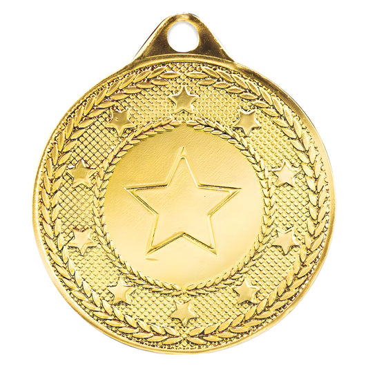Gold medal with embossed star and laurel design.