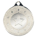 Silver metallic medal with engraved star and textured design.