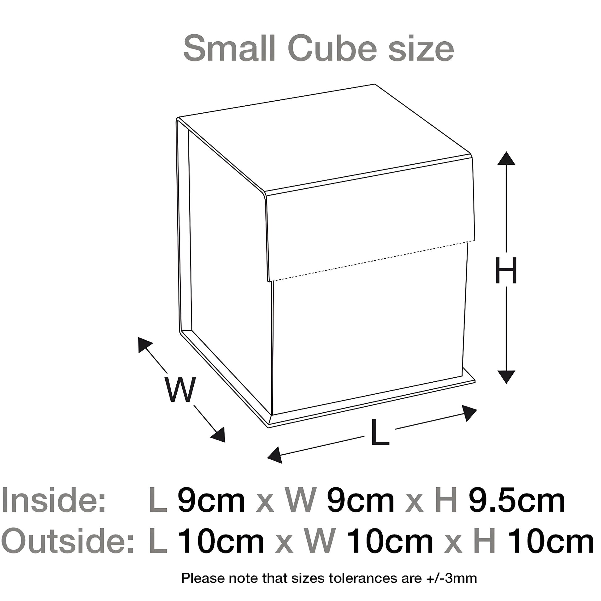 Diagram of black small cube gift box dimensions, 10cm outer and 9cm inner size.