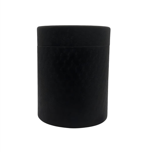 Black cylindrical tube tumbler packaging box on white background.