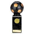 Black and gold soccer ball trophy with marble base for football awards.