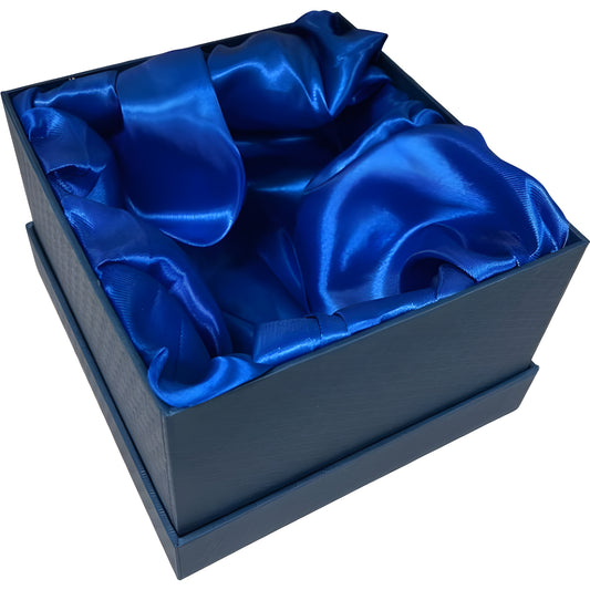 A blue gift box with luxurious silky lining for presenting tankards or keepsake gifts.
