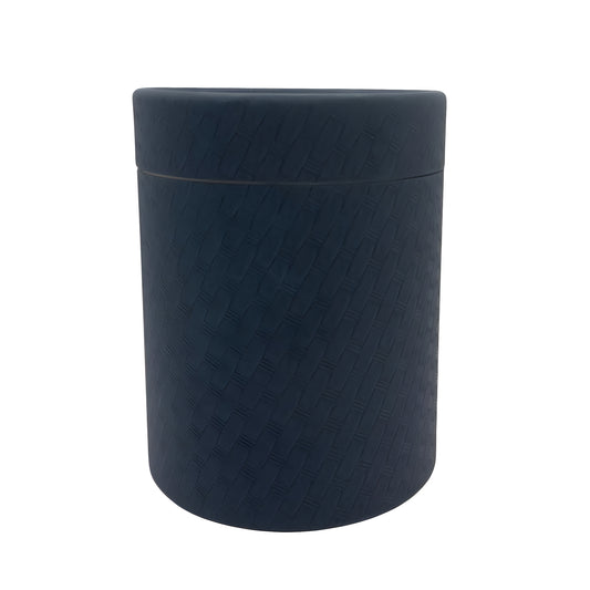 Dark blue textured round tumbler box container with lid.