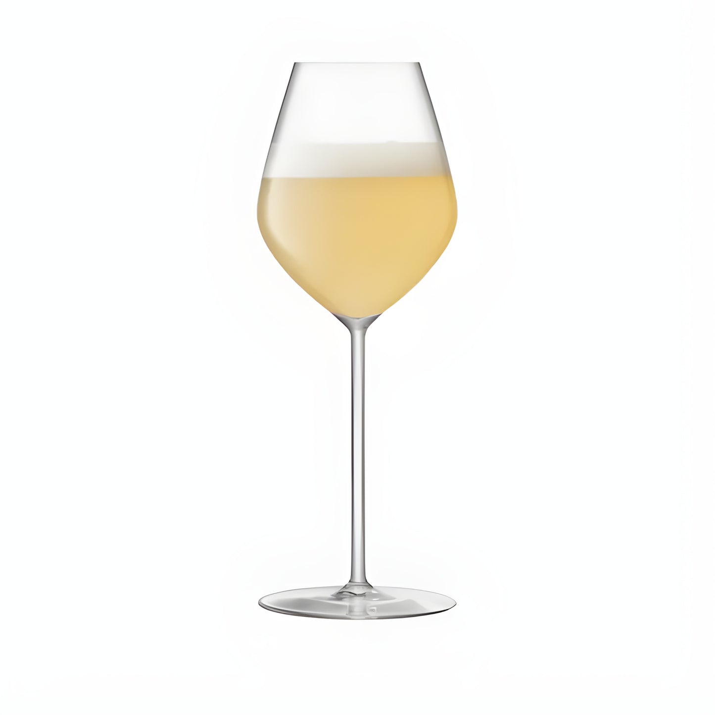A 290ml tulip champagne glass filled with white wine on a white background.