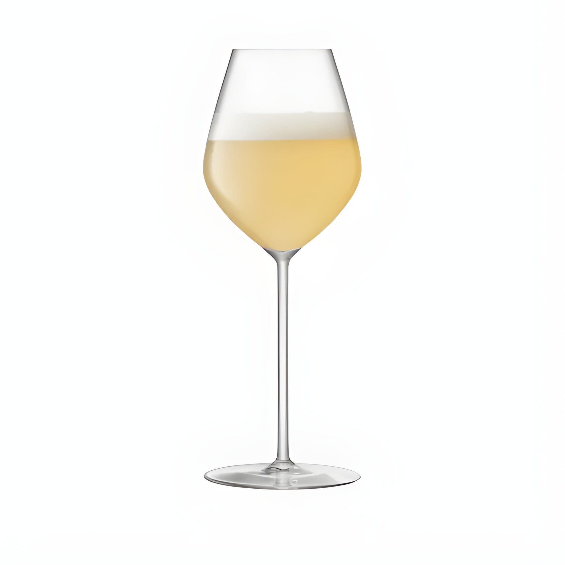 A 290ml tulip champagne glass filled with white wine on a white background.