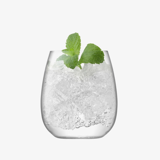 Stemless glass with ice and mint leaves, ideal for cocktails.