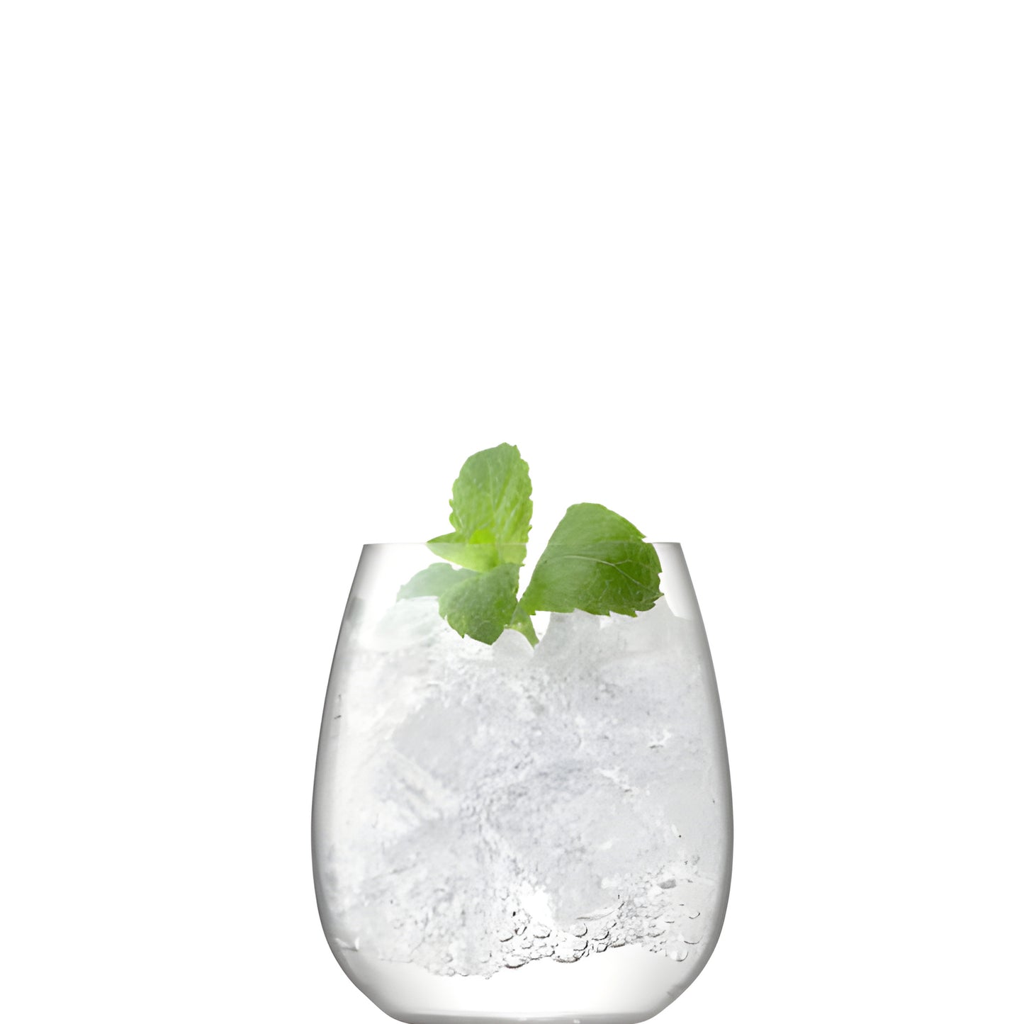 Borough 455ml stemless glass with ice and mint garnish.