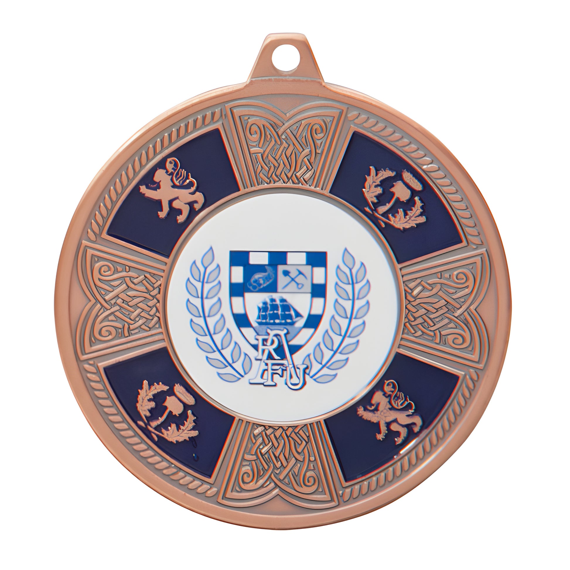 Bronze medal with Celtic design and crest emblem.