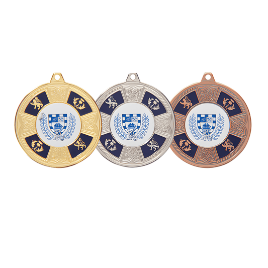 Gold, silver, and bronze award medals with crest design