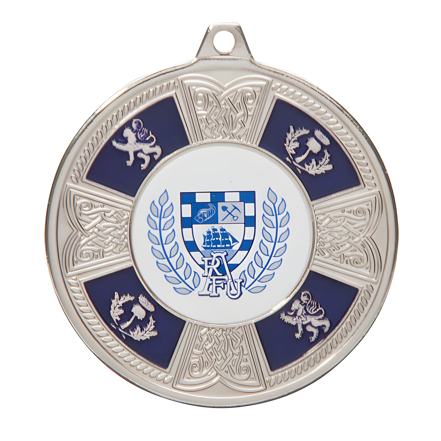 Silver medal with blue center featuring traditional emblems and detailed engravings.
