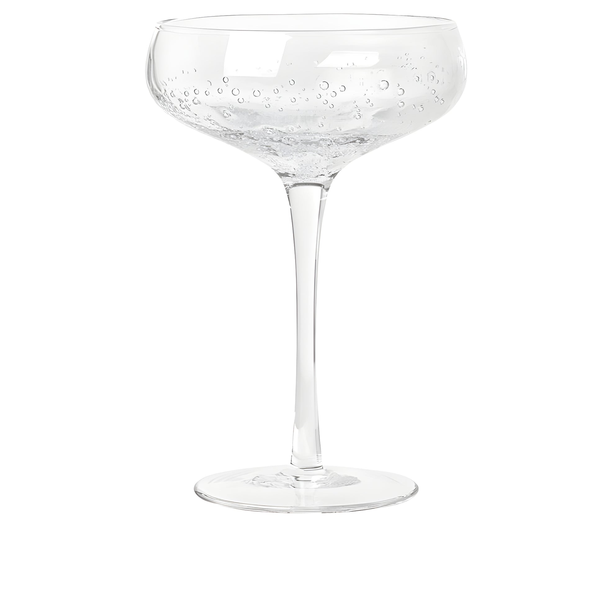 Clear crystal bubble champagne saucer glass with decorative stemware detail.