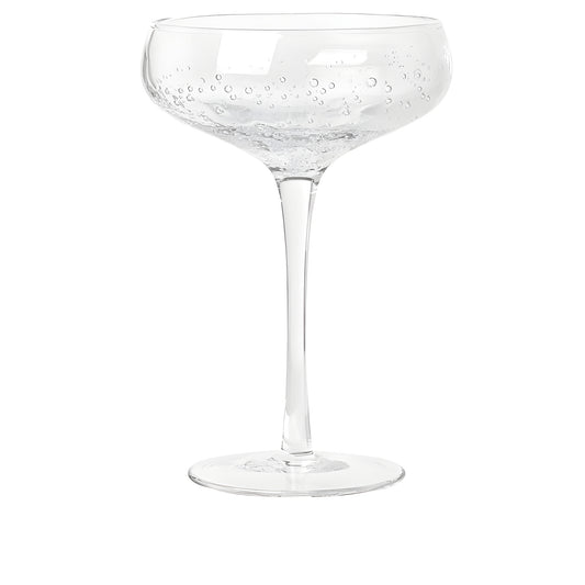 Clear crystal bubble champagne saucer glass with decorative stemware detail.