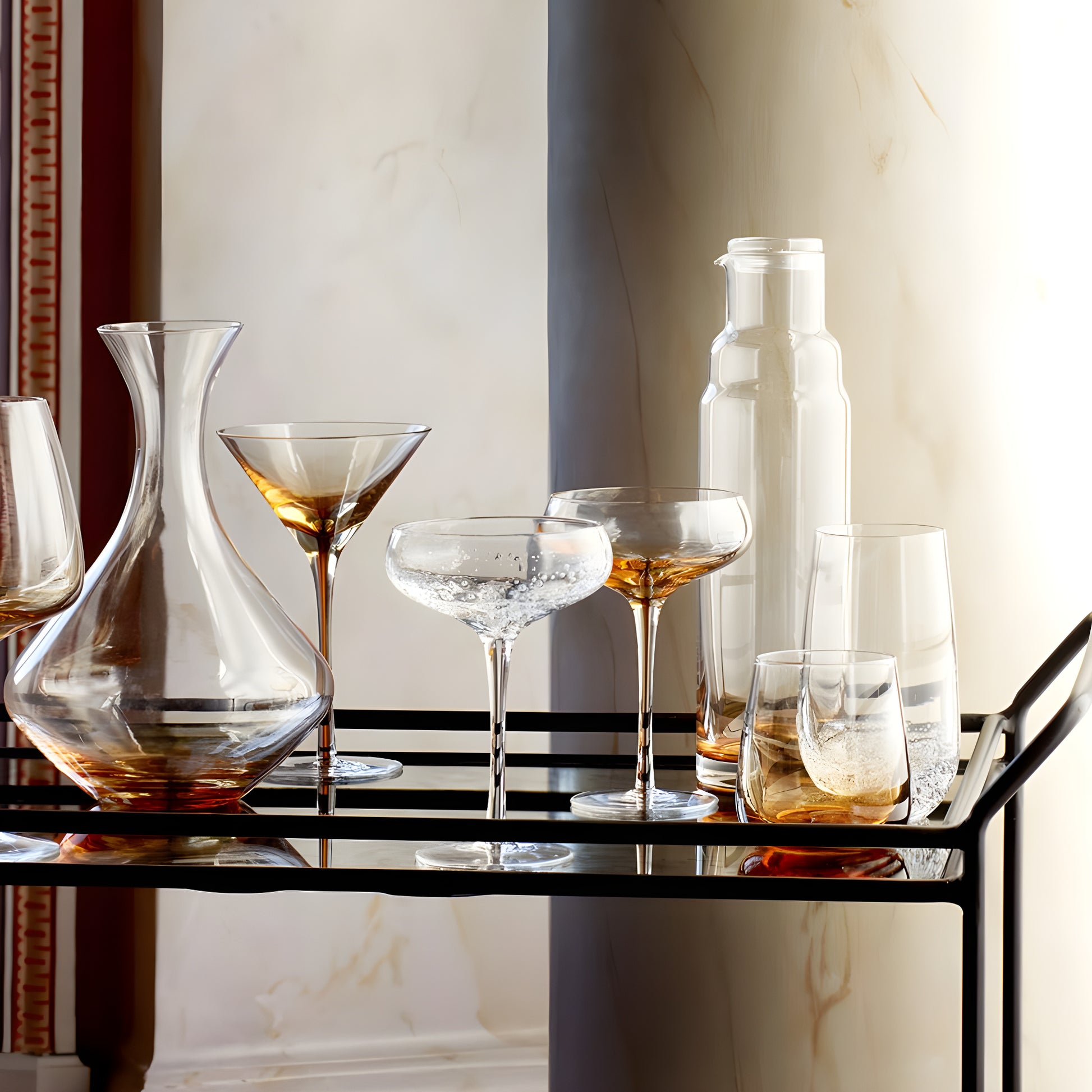 Elegant glassware collection with Broste bubble champagne saucer on bar cart.
