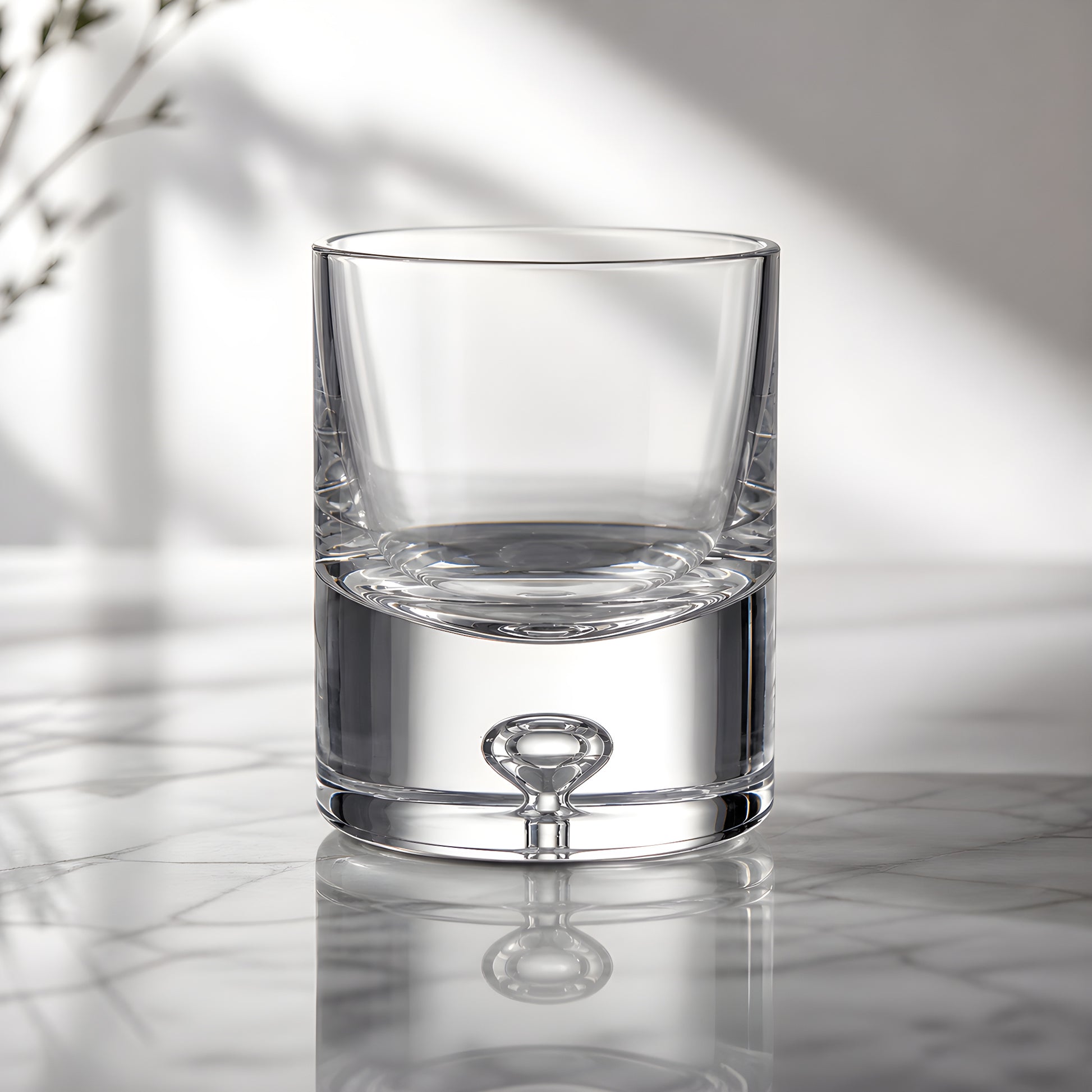 Large clear glass tumbler with bubble base on marble countertop.