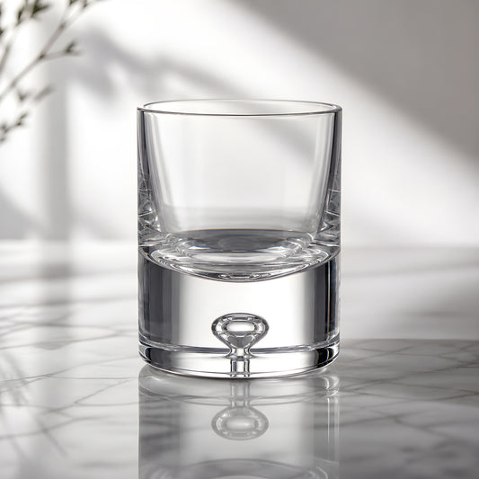 Large clear glass tumbler with bubble base on marble countertop.