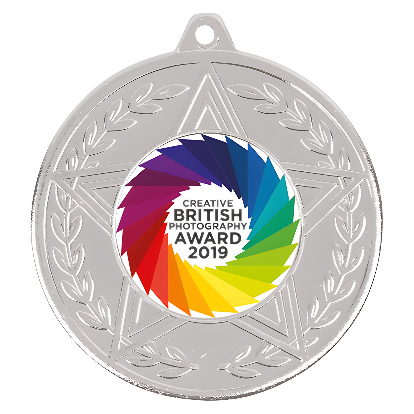 Creative British Photography Award 2019 silver medal with colorful star design.