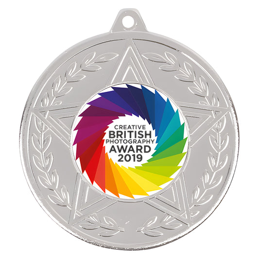 Creative British Photography Award 2019 silver medal with colorful star design.