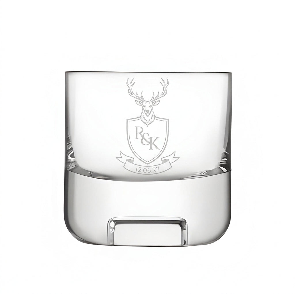 Example engraving (crest): "R & K / 12.06.27" on the Cask Whisky Glass Tumbler