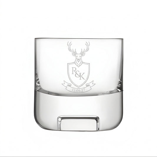 Example engraving (crest): "R & K / 12.06.27" on the Cask Whisky Glass Tumbler