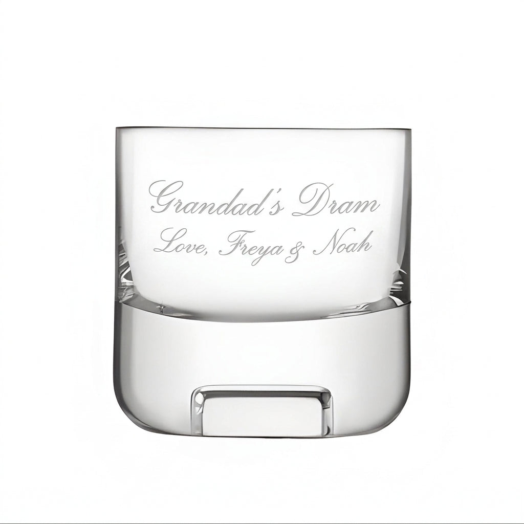 Example engraving (gift for dad): "Grandad's Dram / Love, Freya & Noah" on the Cask Whisky Glass Tumbler