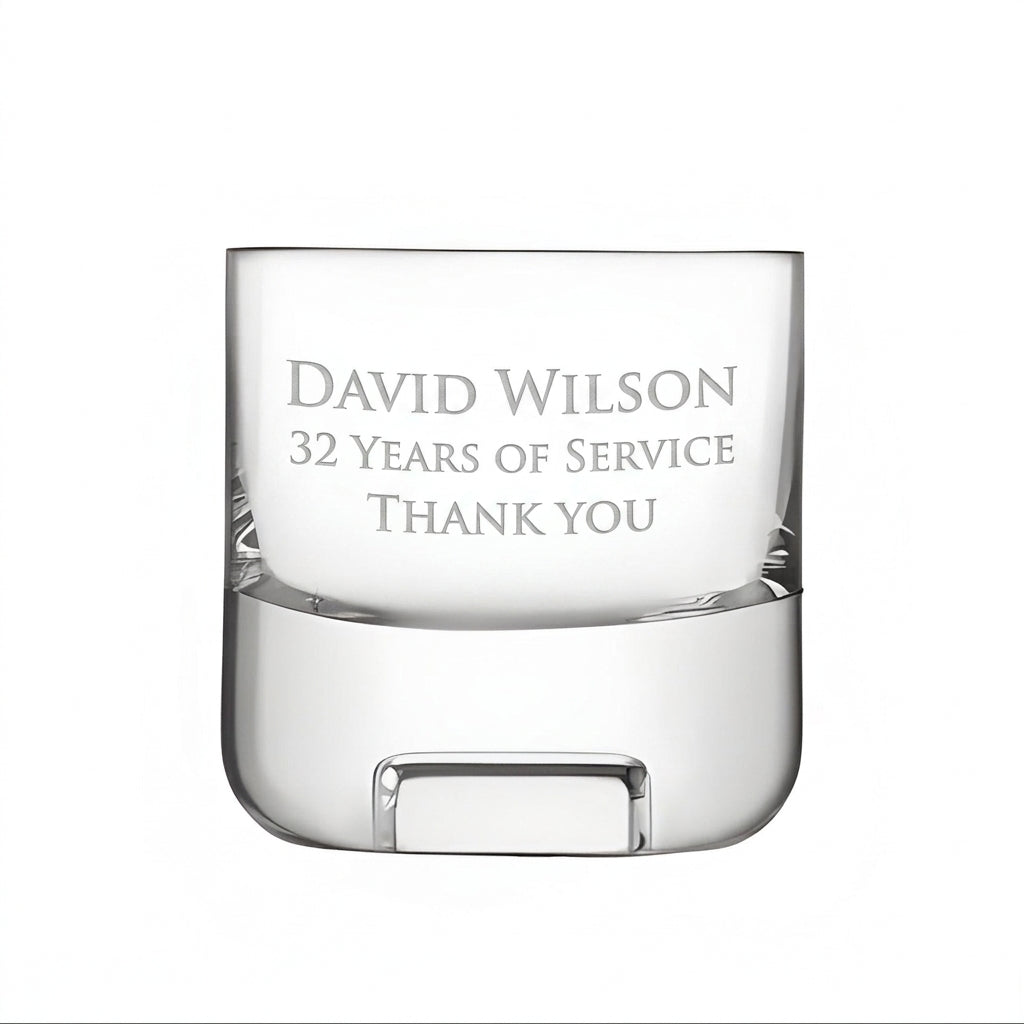 Example engraving (thank you): "David Wilson / 32 Years of Service / Thank You" on the Cask Whisky Glass Tumbler