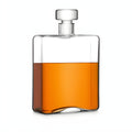 Clear glass oblong decanter filled with whisky against white background.