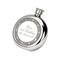 Example engraving (birthday): "Ross / 21st Birthday / 4th March 2027" on the Celtic Frame Round Hip Flask 6oz