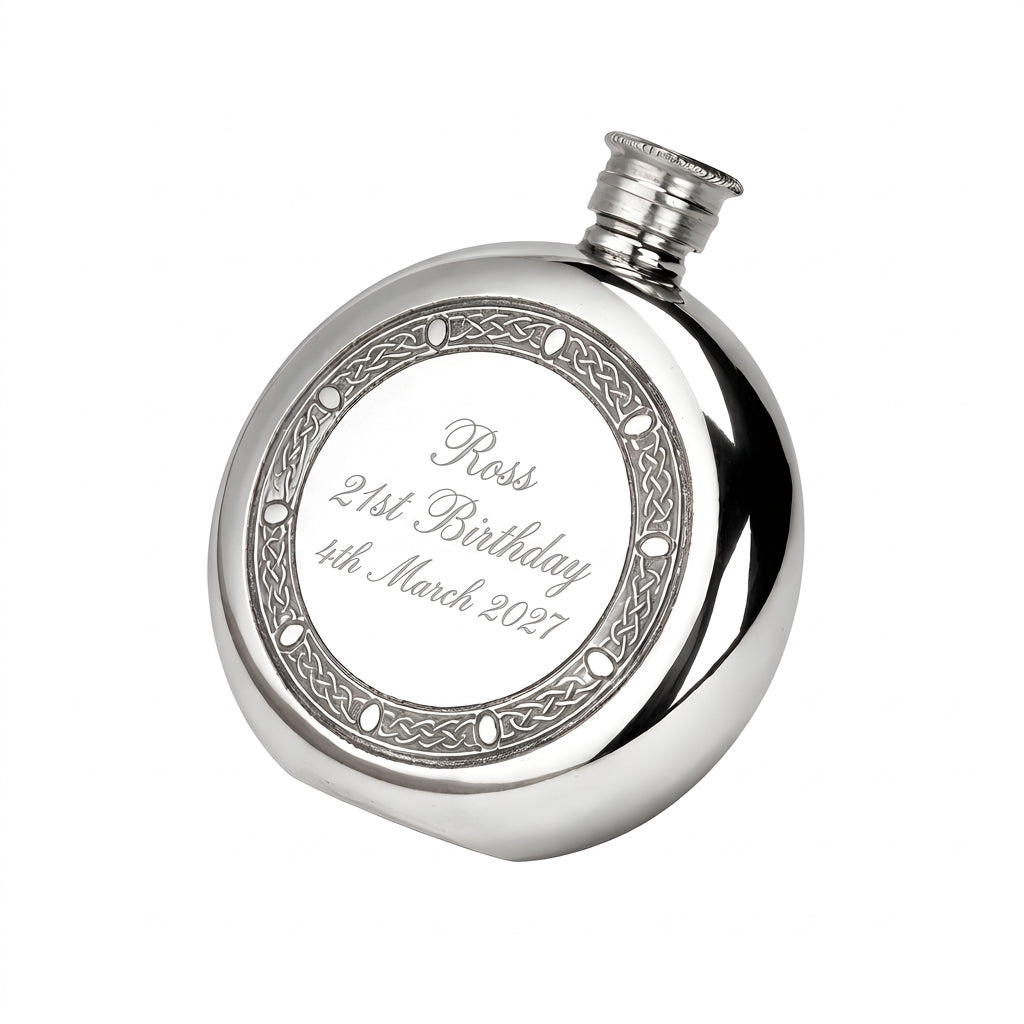 Example engraving (birthday): "Ross / 21st Birthday / 4th March 2027" on the Celtic Frame Round Hip Flask 6oz
