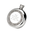 Example engraving (gift for dad): "Dad / For the hill and the road home / Love, Freya & Noah" on the Celtic Frame Round Hip Flask 6oz