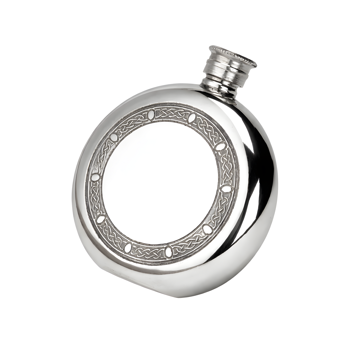 Engraved stainless steel round hip flask with Celtic frame design.