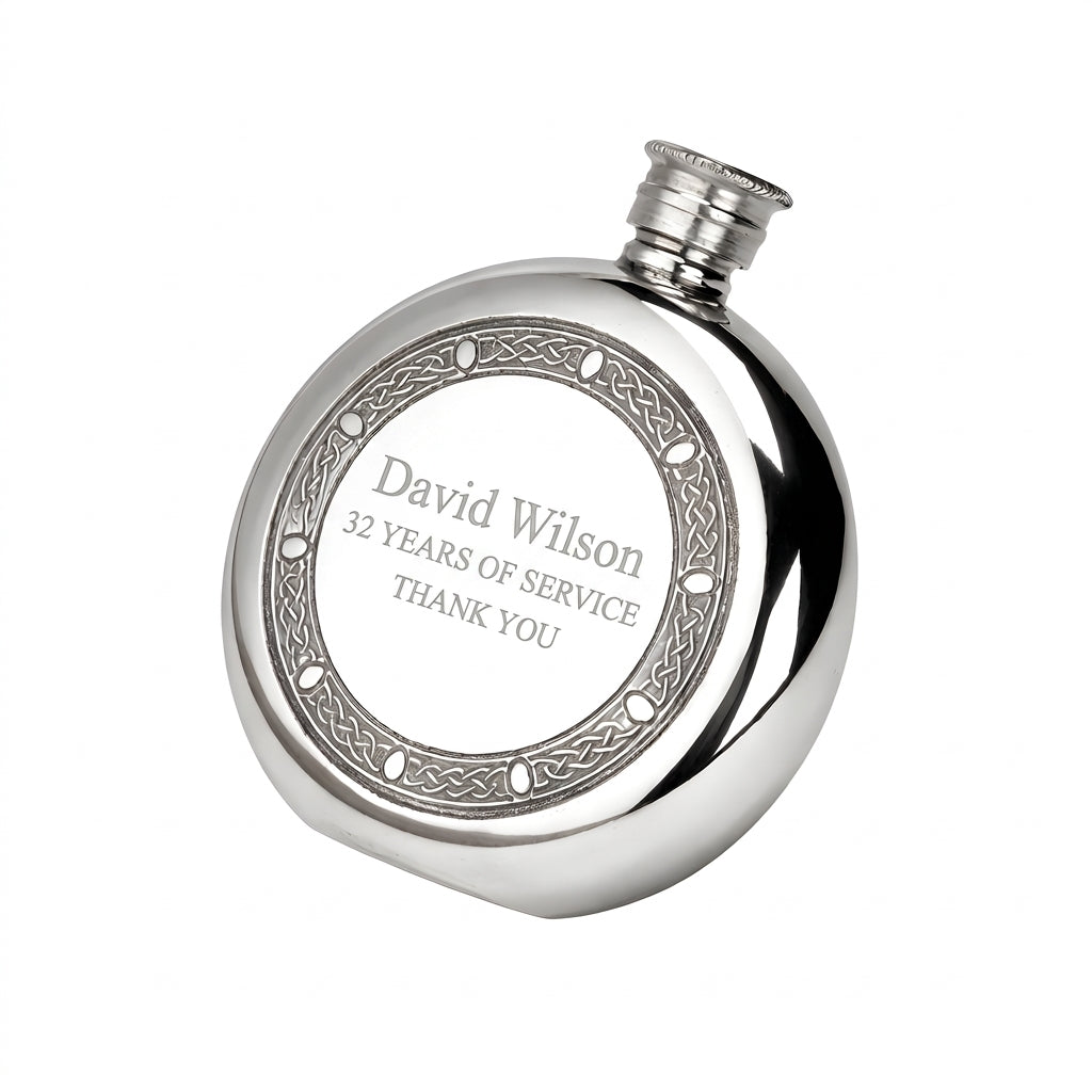 Example thank you engraving on a round hip flask