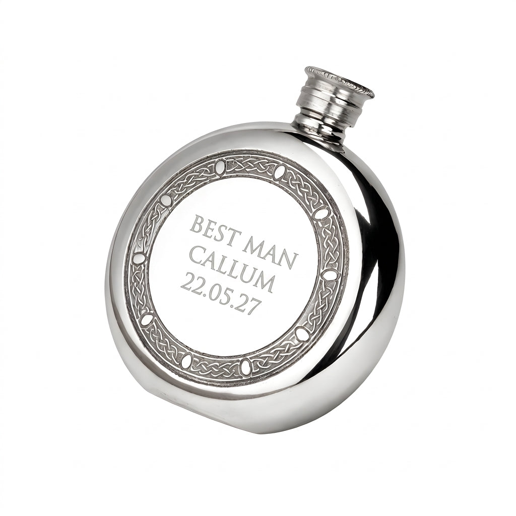 Example engraving (wedding party): "Best Man / Callum / 22.05.27" on the Celtic Frame Round Hip Flask 6oz