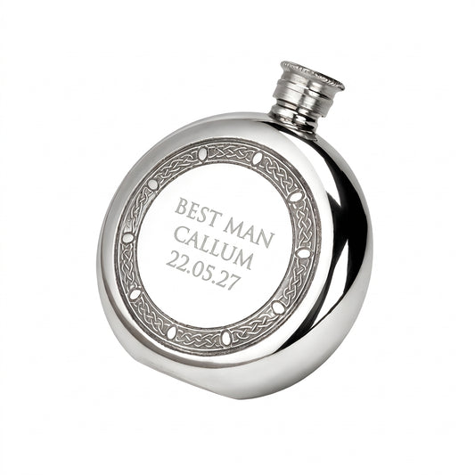 Example engraving (wedding party): "Best Man / Callum / 22.05.27" on the Celtic Frame Round Hip Flask 6oz