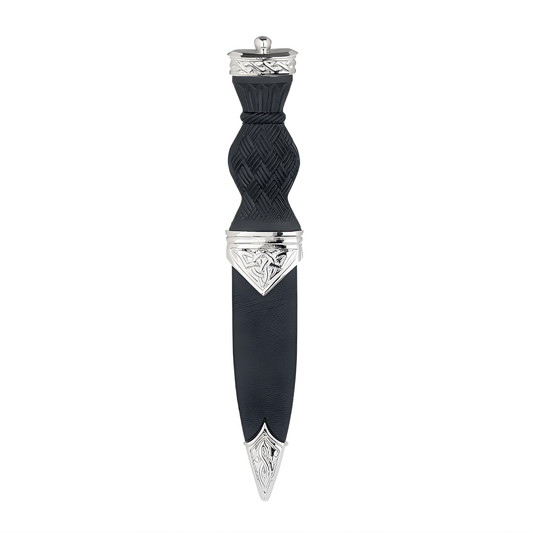 Celtic sgian dubh with black handle and silver accents on sheath.
