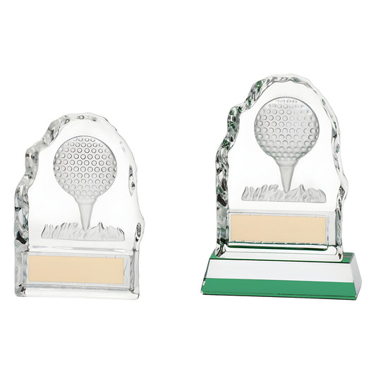 Engraved glass golf trophies with golf ball design and green base.