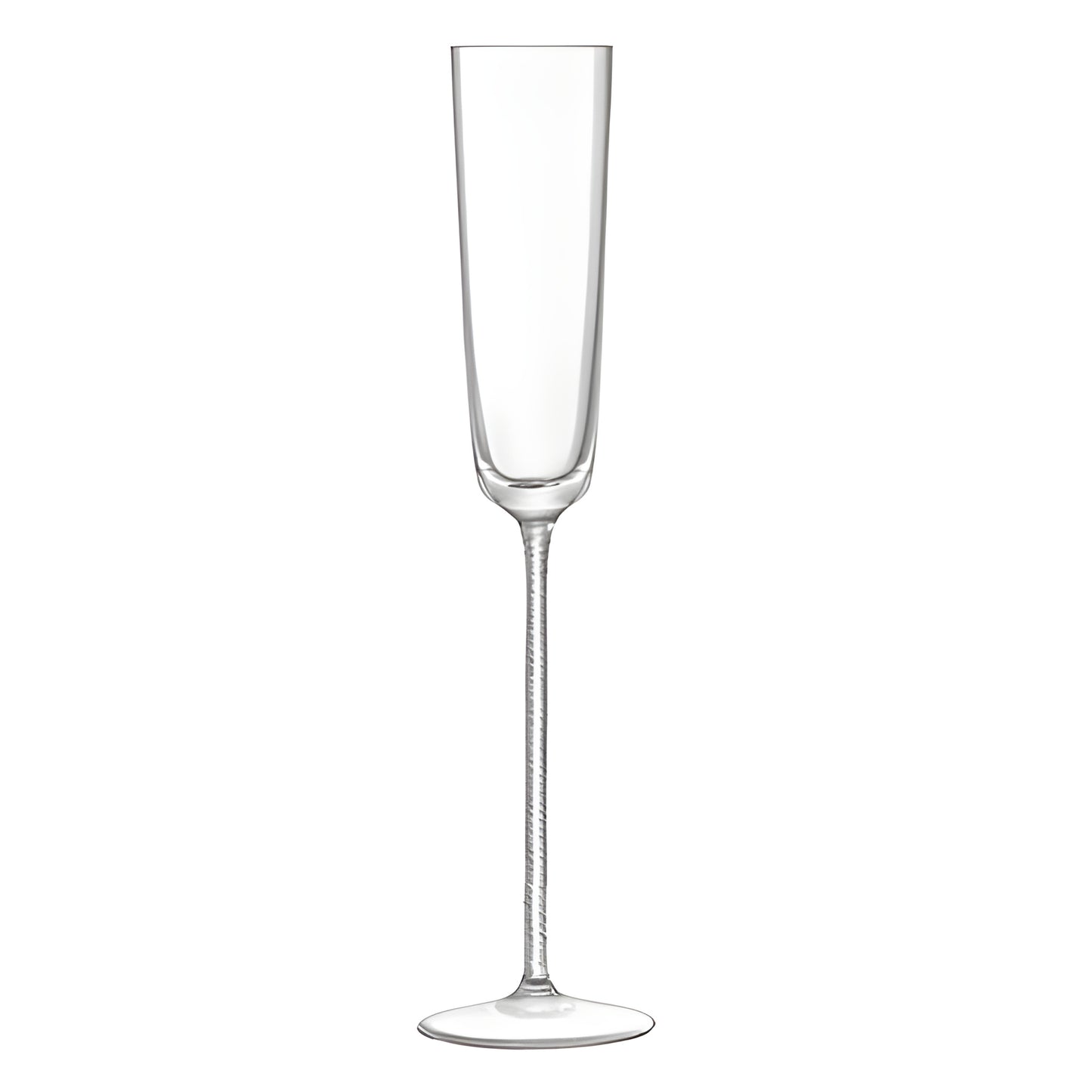 Tall clear champagne flute on white background.