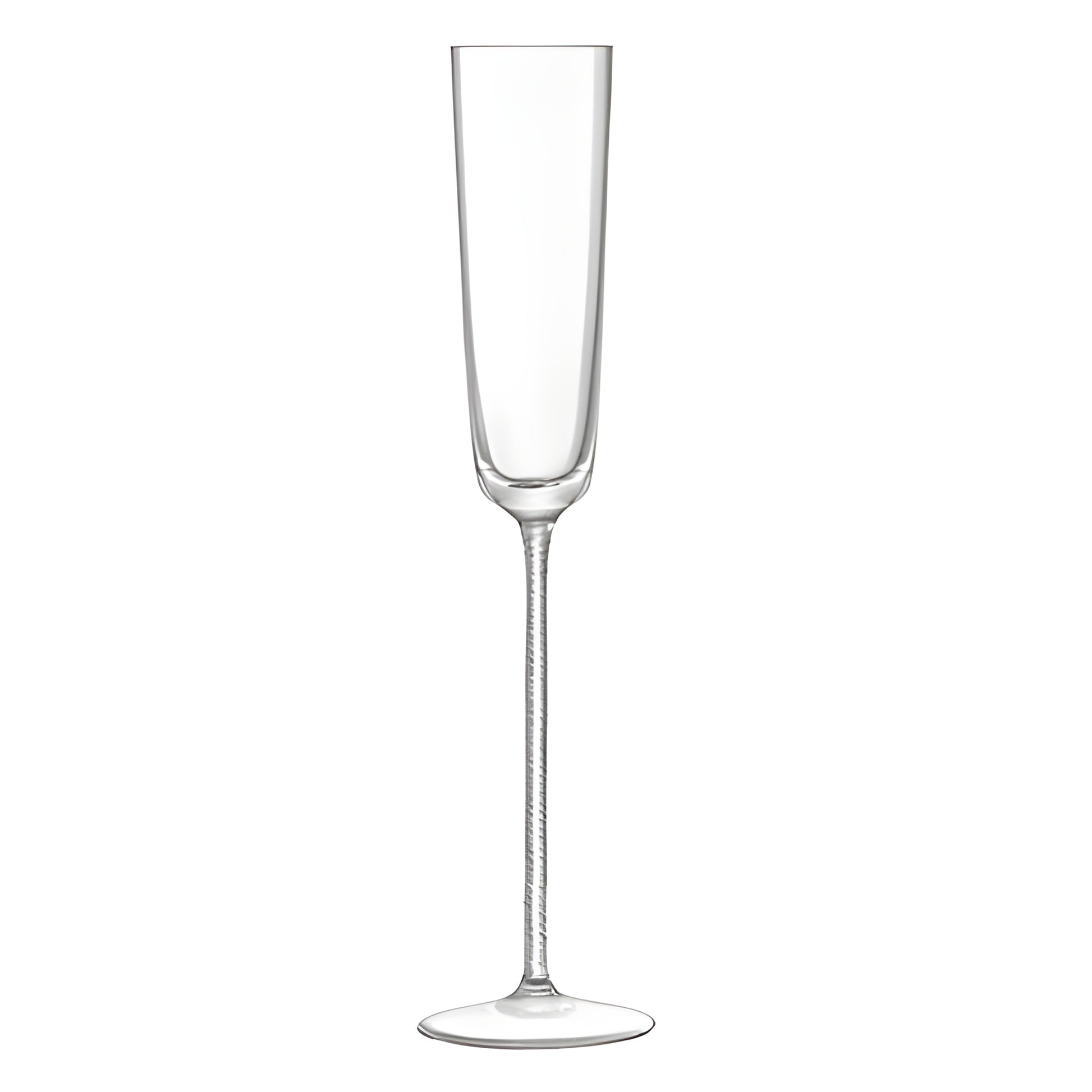 Tall clear champagne flute on white background.