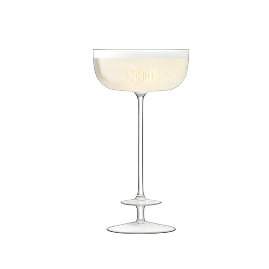 Crystal champagne saucer filled with bubbly champagne.
