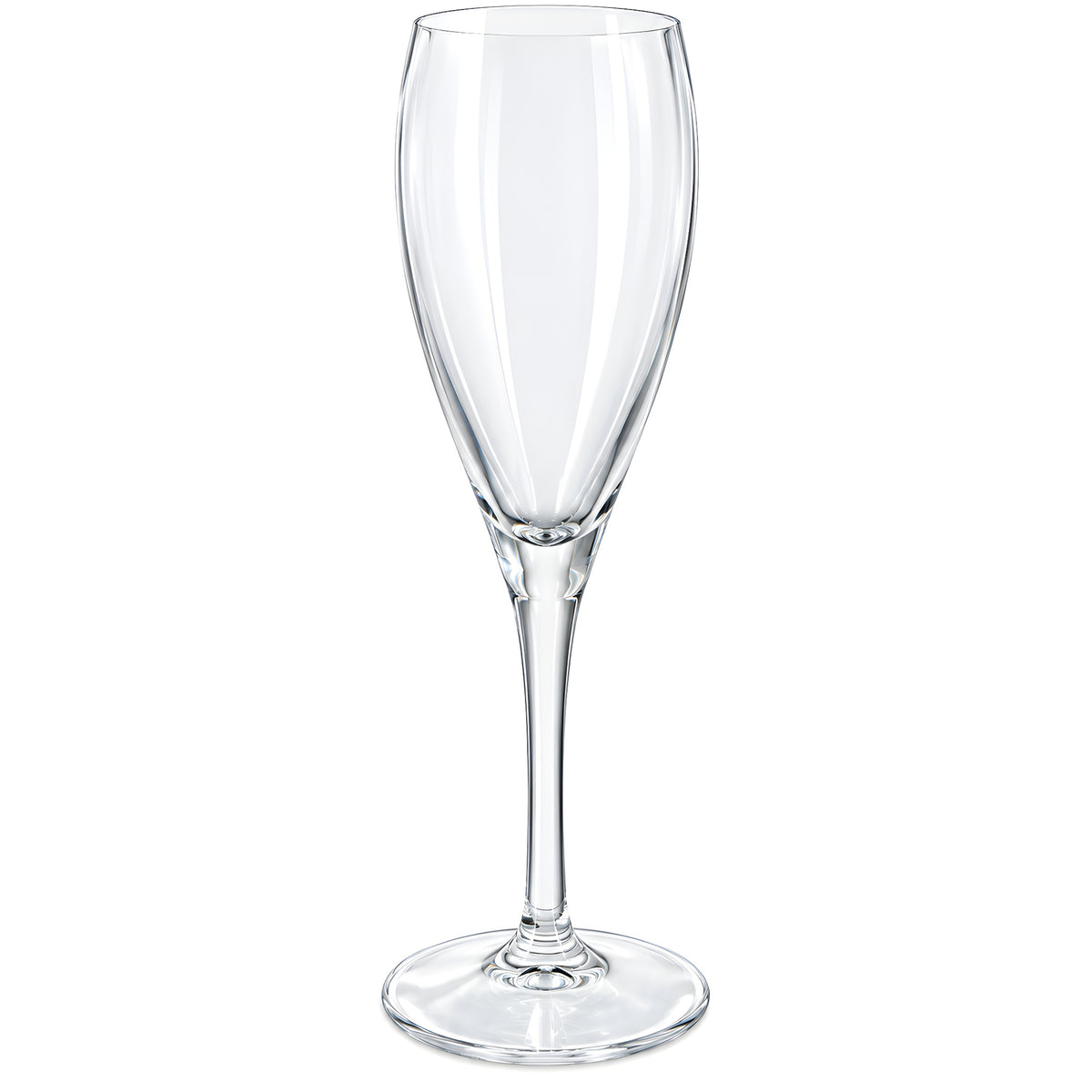 Elegant clear glass flute for champagne with crystal design.