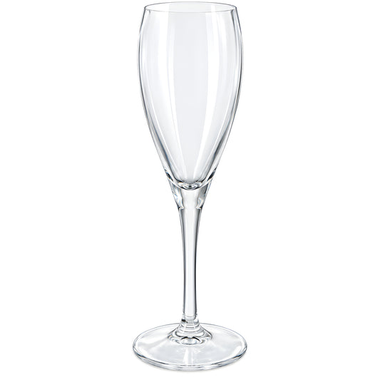 Elegant clear glass flute for champagne with crystal design.